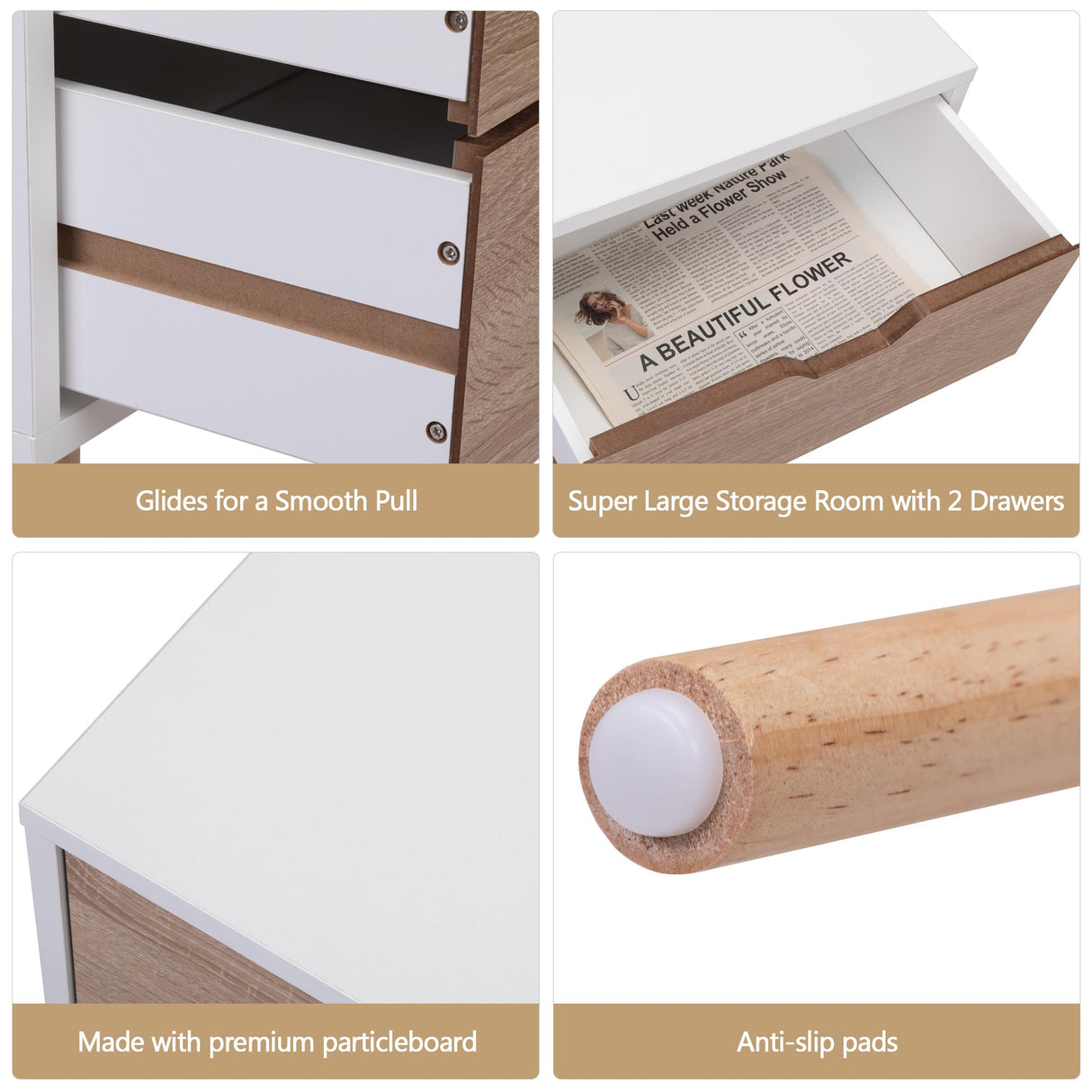 JAXPETY Nightstands Set of 2, Night Stand with Drawers, Bedside Tables with Solid Wood Legs and Large Storage Space, End Table, Side Table, for Bedroom, White JAXPETY