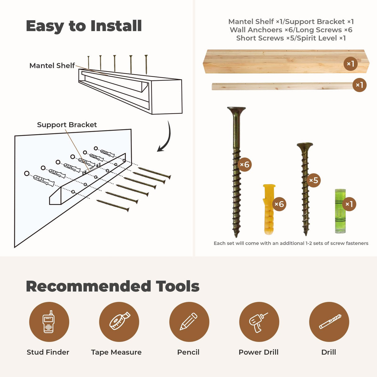 TECANA Fireplace Mantel 60 Inches - Rustic Floating Mantel Shelf - Solid Wood Mantel with Invisible Support Bracket - Wall Mantel Shelf for Farmhouse (60" L x 8" D x 5" H, Natural) TECANA