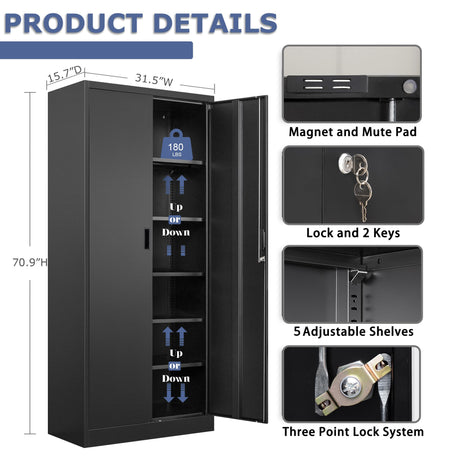 CMY Metal Storage Cabinet, 71" H Locking Cabinet with 5 Adjustable Shelves, Garage Cabinet for Office, Home, Pantry-Black CMY