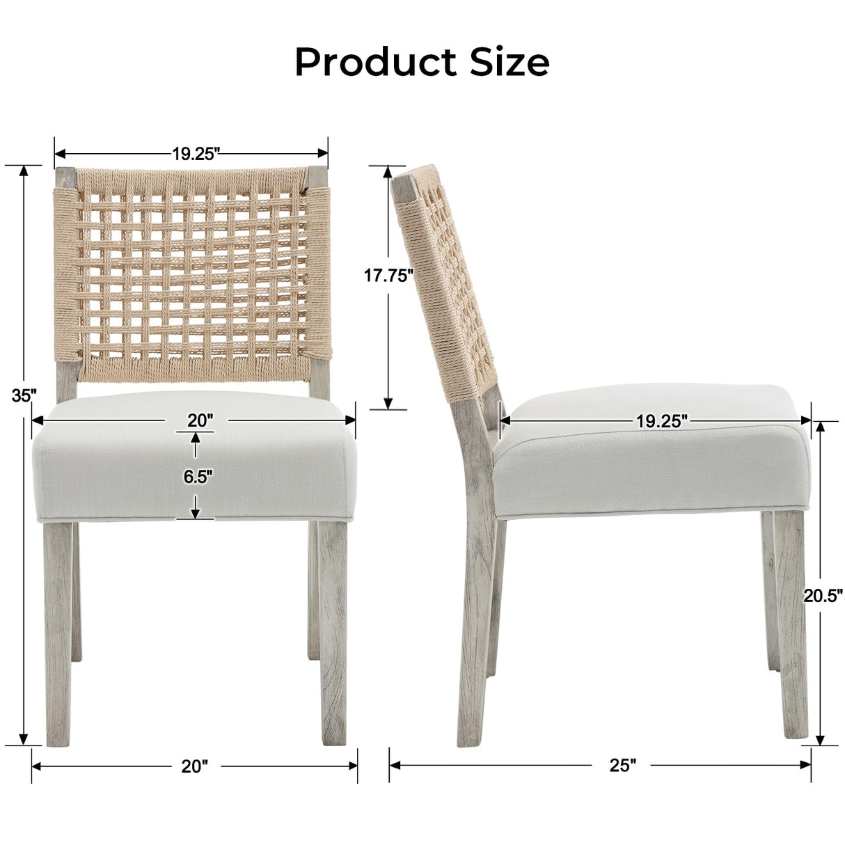 LZAREAL Farmhouse Dining Chairs Set of 4 Linen Fabric Upholstered Accent Side Chair, Mid Century Modern Kitchen & Dining Room Chairs with Woven Rope Back for Home, Living Room, Bedroom - White LZAREAL