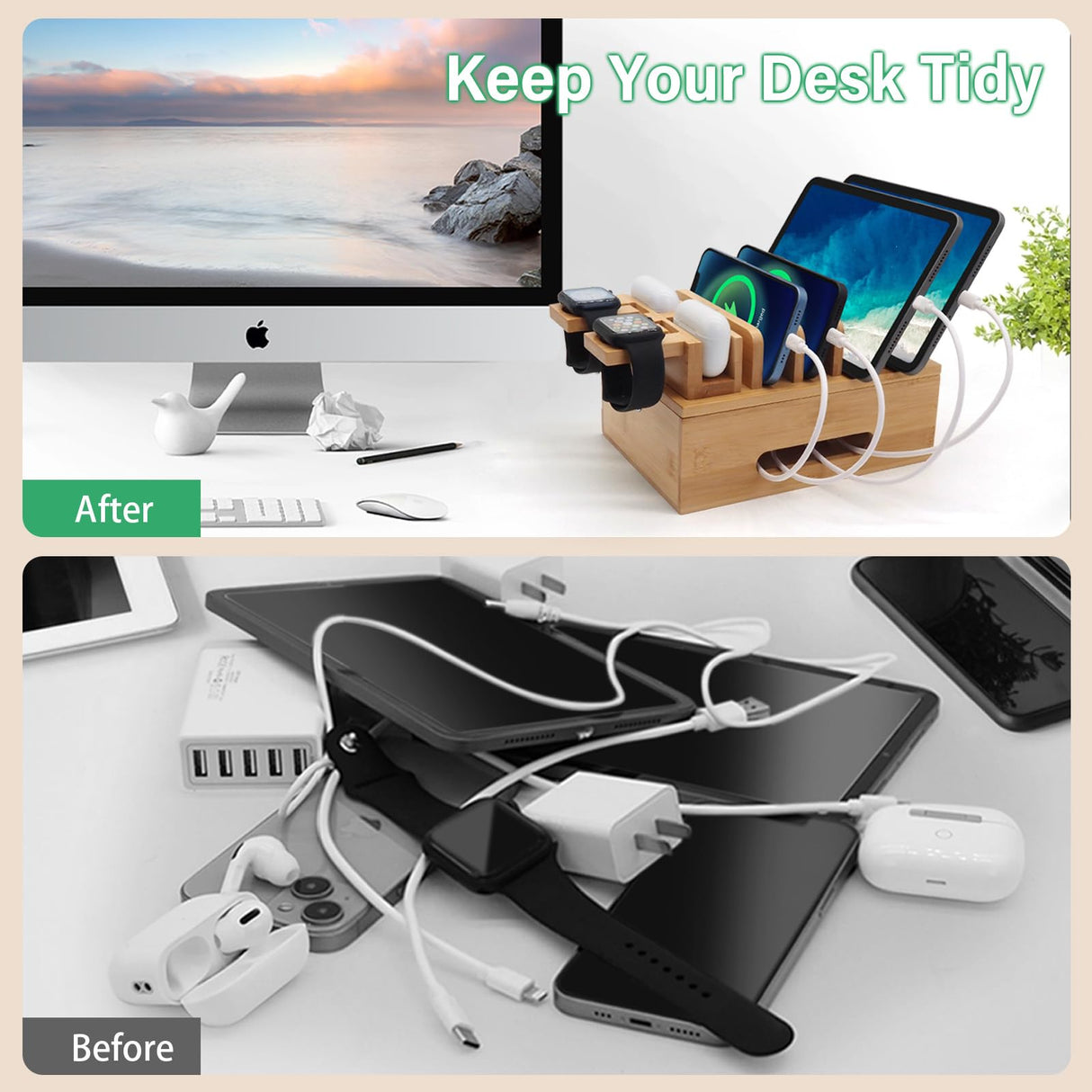 Deefielly Bamboo Charging Stations for Multi Devices with 5 Port USB Charger, 6 Cables, Desktop Wood Docking Station Charger Organizer for Cell Phones, Tablets,Earphone, Watches Deefielly