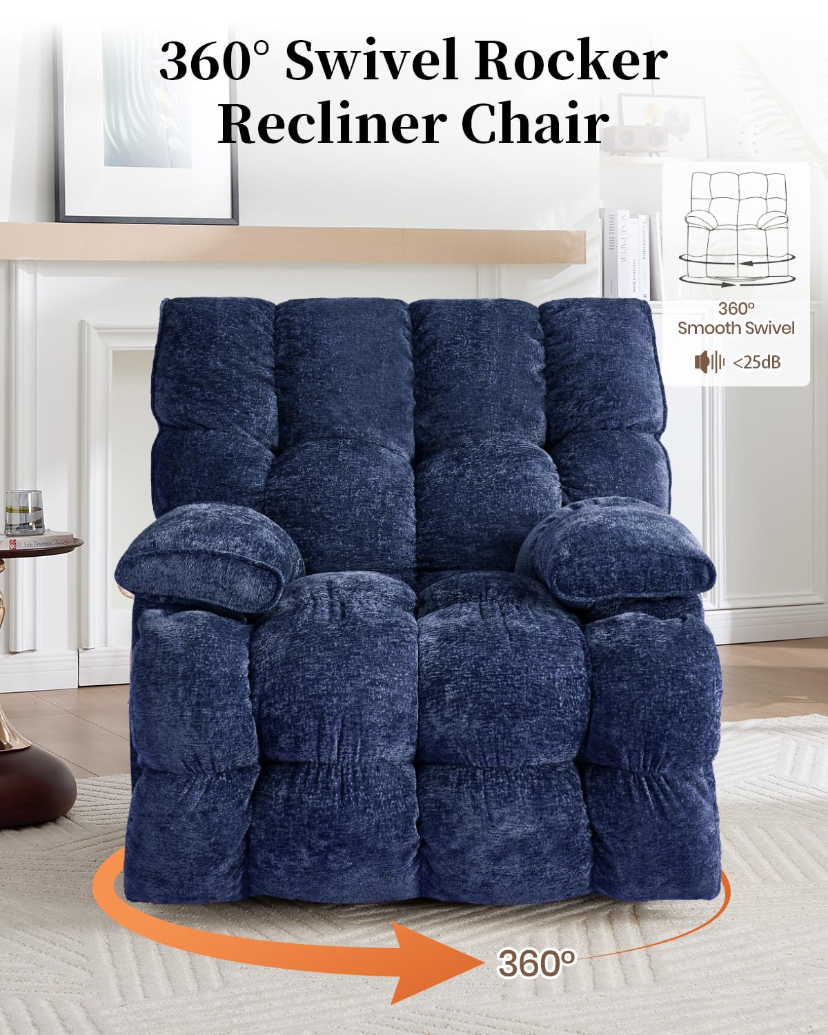 GARTMILAN Oversized Recliner Chair Manual Swivel Rocker Recliner for Living Room Chenille Overstuffed Nursery Reclining Sofa Chair Rocking Recliners for Adults 375lbs (Manual, Blue) GARTMILAN