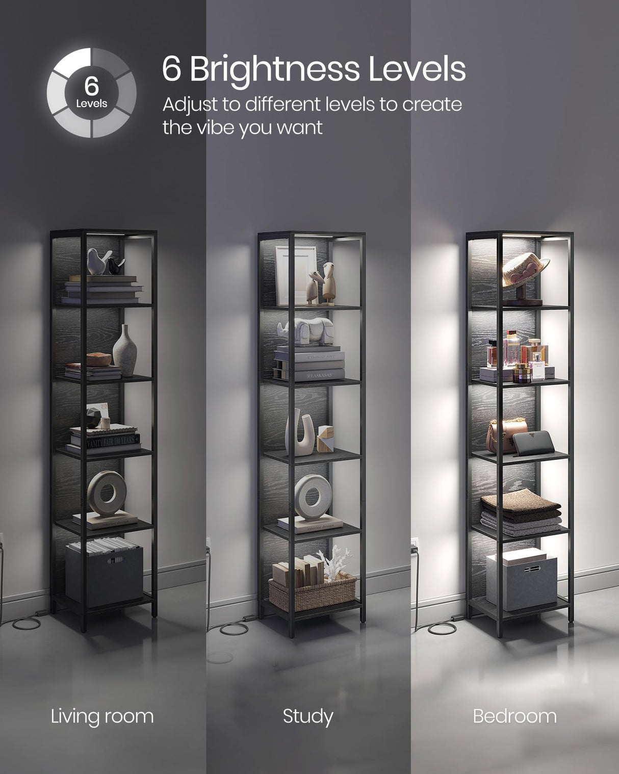 VASAGLE 6-Tier LED Bookshelf, Display Shelf with Dimmable Lights, LED Bookcase with Steel Frame, 11.9 x 15.7 x 70.3 Inches, for Living Room, Bedroom, Office, Black with Wood Grain ULLS121B56 VASAGLE