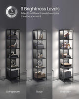 VASAGLE 6-Tier LED Bookshelf, Display Shelf with Dimmable Lights, LED Bookcase with Steel Frame, 11.9 x 15.7 x 70.3 Inches, for Living Room, Bedroom, Office, Black with Wood Grain ULLS121B56 VASAGLE