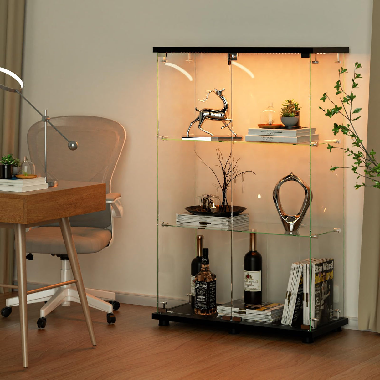 VINGLI Glass Display Cabinet with 3 Shelves, Double Doors and Lock, Floor Standing Curio Cabinets with LED Light, Upgraded Tempered Glass Bookshelf, for Living Room Living Room Bedroom Office, Black VINGLI