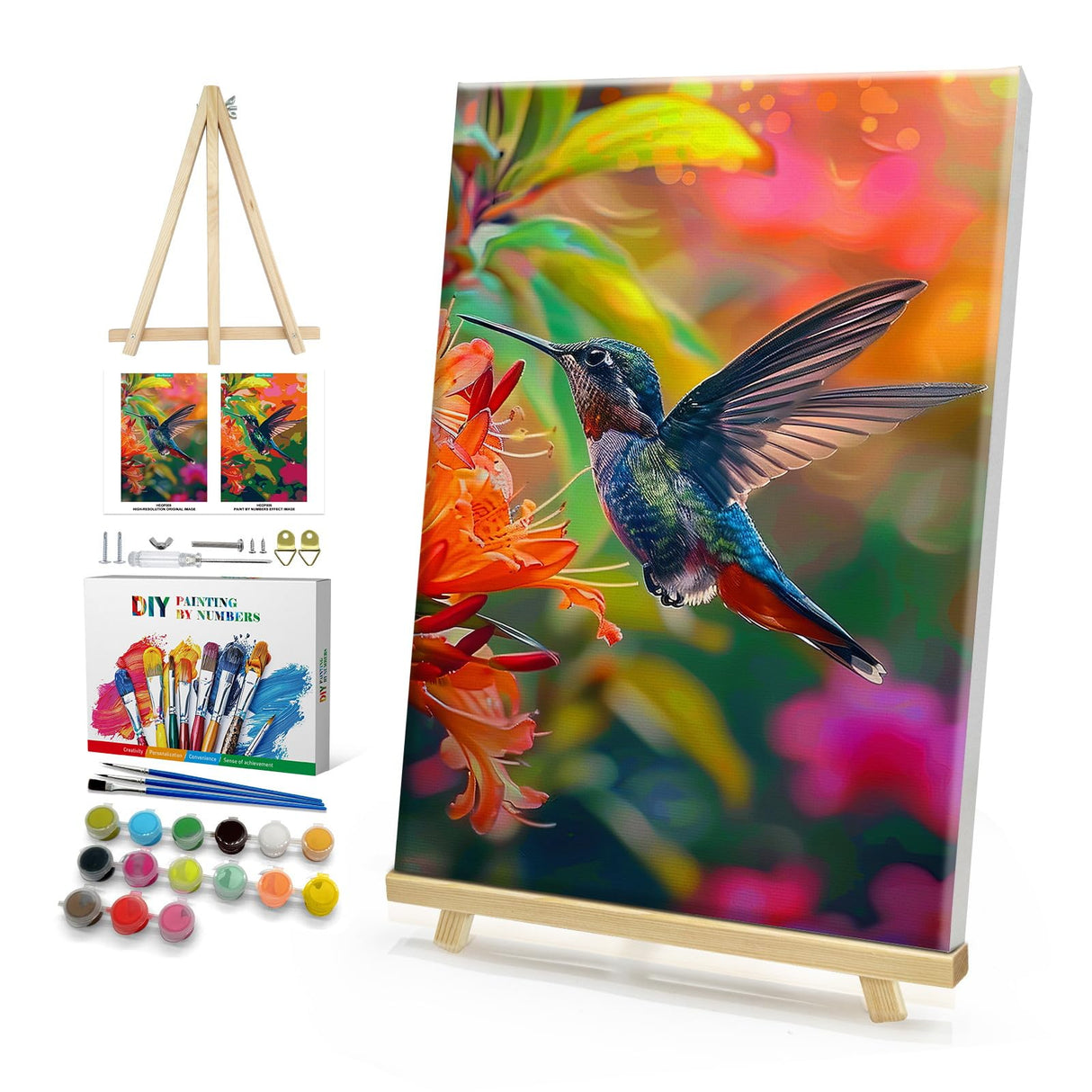 HeeBenor Framed Paint by Numbers Kit for Adults, Hummingbird Paint by Numbers Kit for Adults with Easel, DIY Flower Bird Paint by Number with Frame, Adult Paint by Number Kits Framed Canvas 8x12 Inch HeeBenor