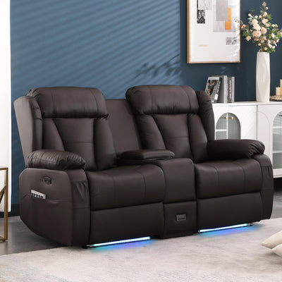 DUNELLA 66" Power Loveseat Recliner Sofa, Home Theater Seating with Console, Electric Recliner RV Sofa with USB/USB-C/Storage/Side Pocket/LED Light for Travel Trailers(Brown)