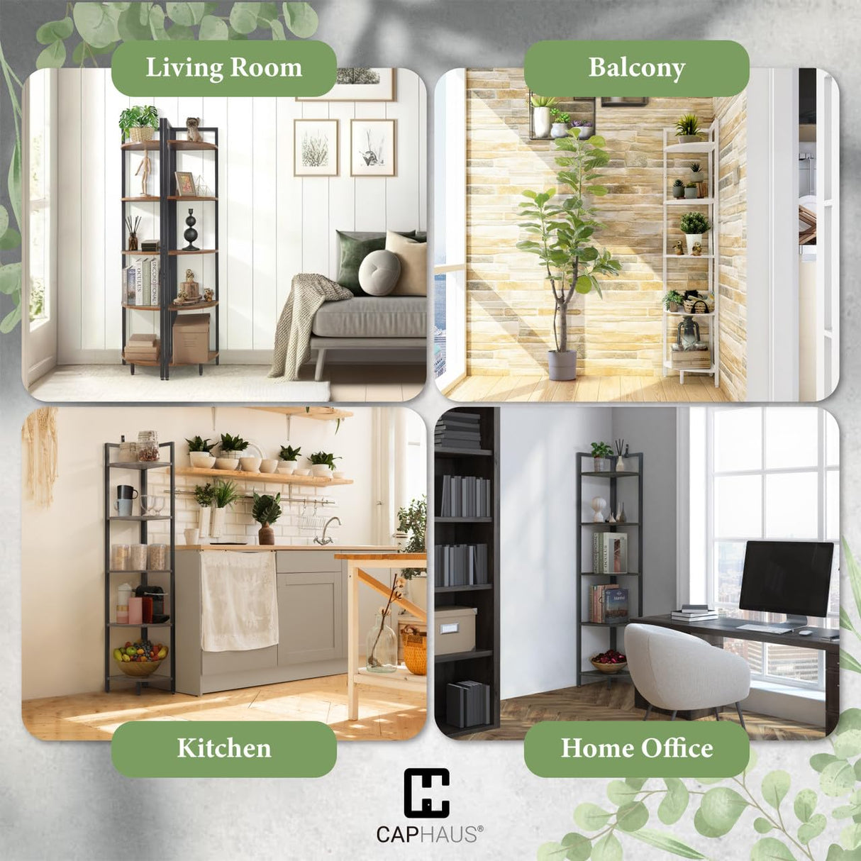 CAPHAUS 5-Tier Corner Shelf, Tall 59.1-Inch White Metal Frame Display Rack, Bookshelf Unit for Bathroom, Living Room, Home, Office CAPHAUS