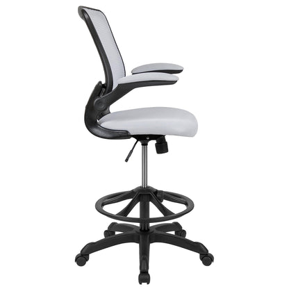 Flash Furniture Kale Mid-Back White Mesh Ergonomic Drafting Chair | Adjustable Foot Ring, Flip-Up Arms