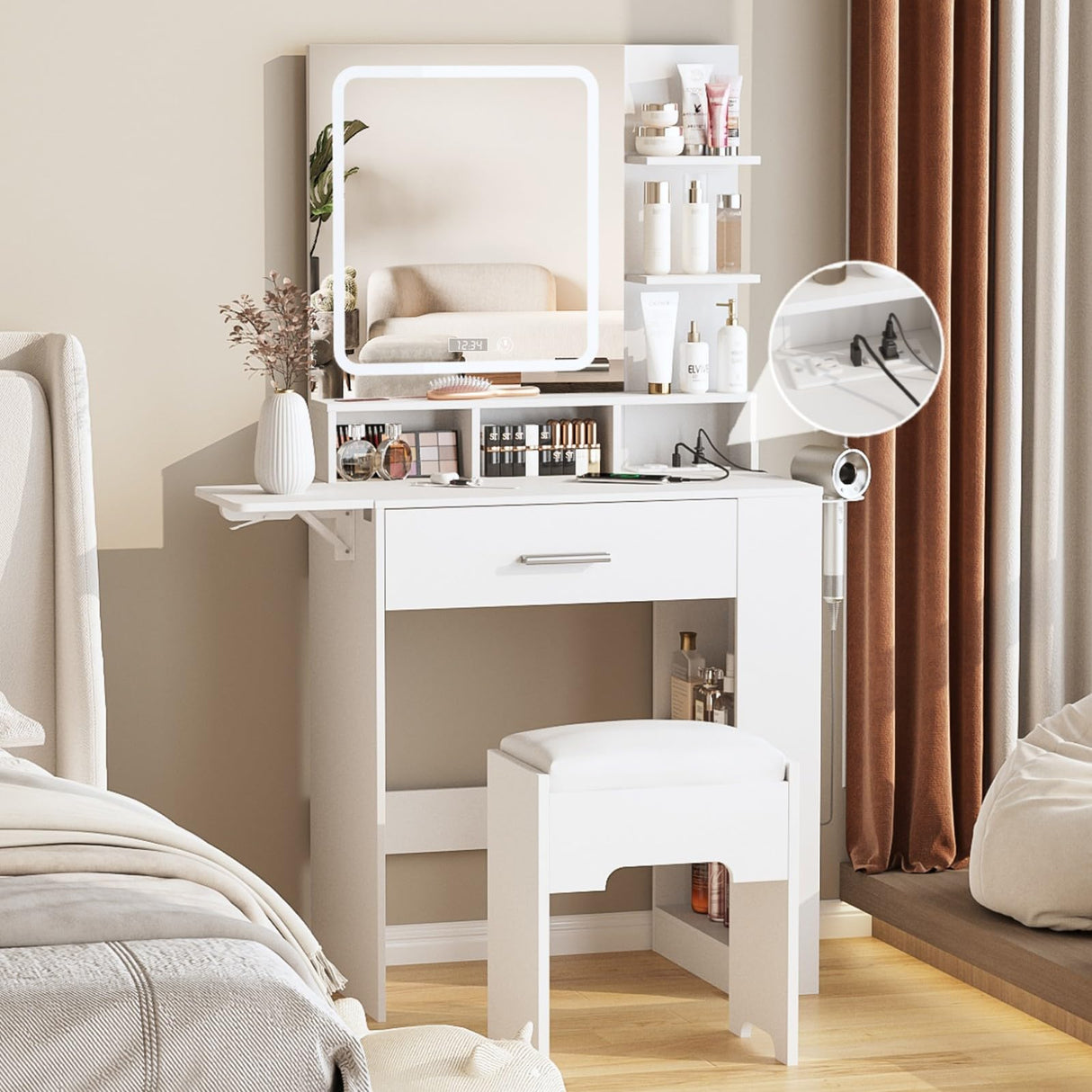 Fameill Vanity Desk with Mirror and Lights, Small Makeup Vanity with Drawer & Lots Storage Shelves, White Vanity Table with Charging Station & Time Display, Vanity Set with Chair, for Bedroom Fameill