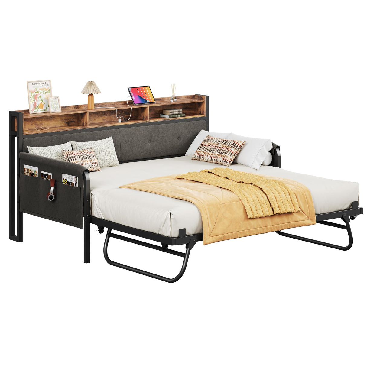 LIKIMIO Daybed with Trundle, Twin Bed Frame with Upholstered Headboard and Charging Station, Sofa Day Bed with Strong Supports for Living Room, Bedroom and Guest Room, Black LIKIMIO