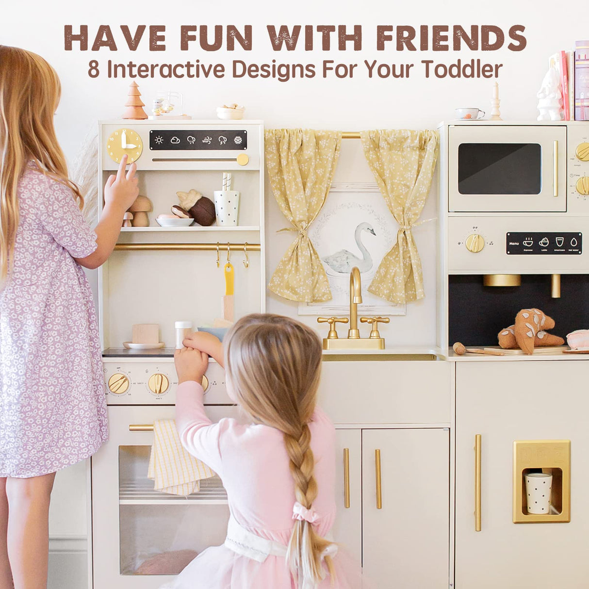 Tiny Land Play Kitchen for Kids, Toy Kitchen Set with Plenty of Play Features, New Modern Kids Wooden Play Kitchen Designed in Trendy Home Style with Curtains, Gift for Ages 3+ Tiny Land