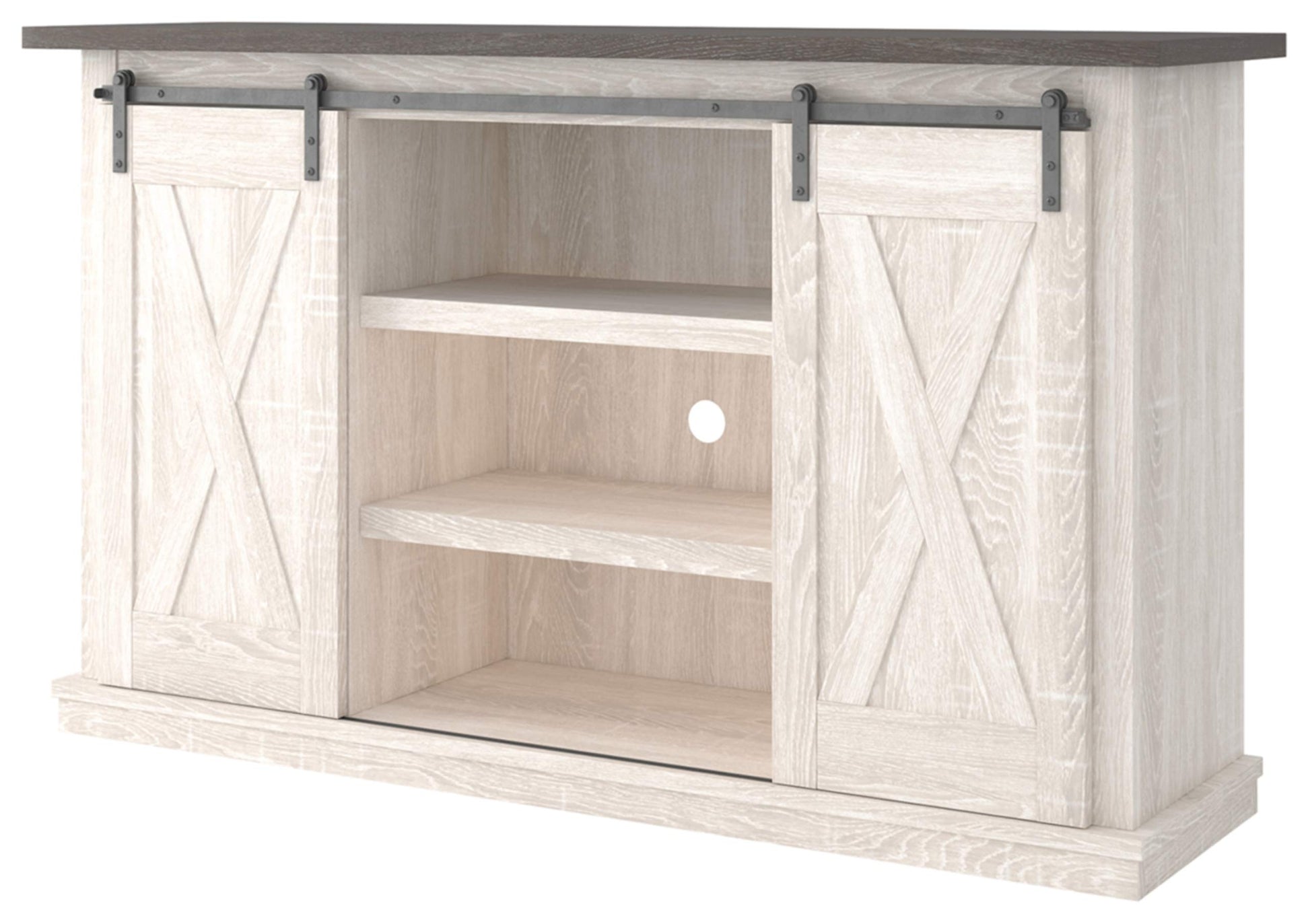 Signature Design by Ashley Dorrinson Farmhouse TV Stand Fits TVs up to 50" with Sliding Barn Doors and Storage Shelves, Whitewash & Gray - WoodArtSupply