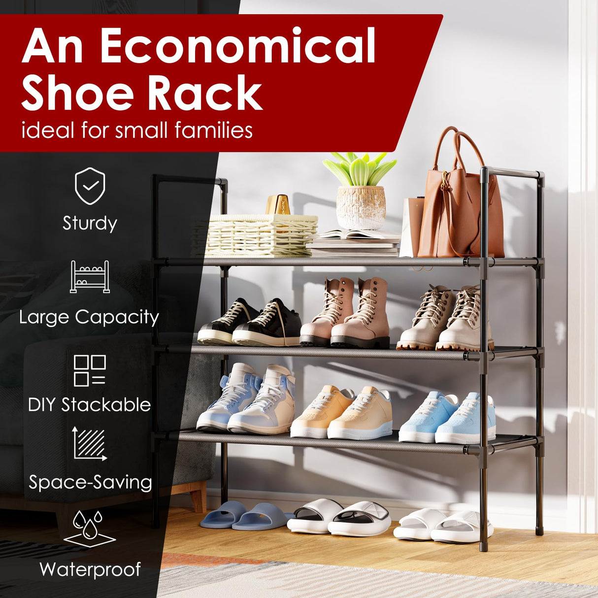 Sakugi Shoe Rack with Non-Woven Fabric - 3-Tier Shoe Organizer for Closet, Garage, Corridor & Entryway, Sturdy and Stackable, X-Large, Black Sakugi