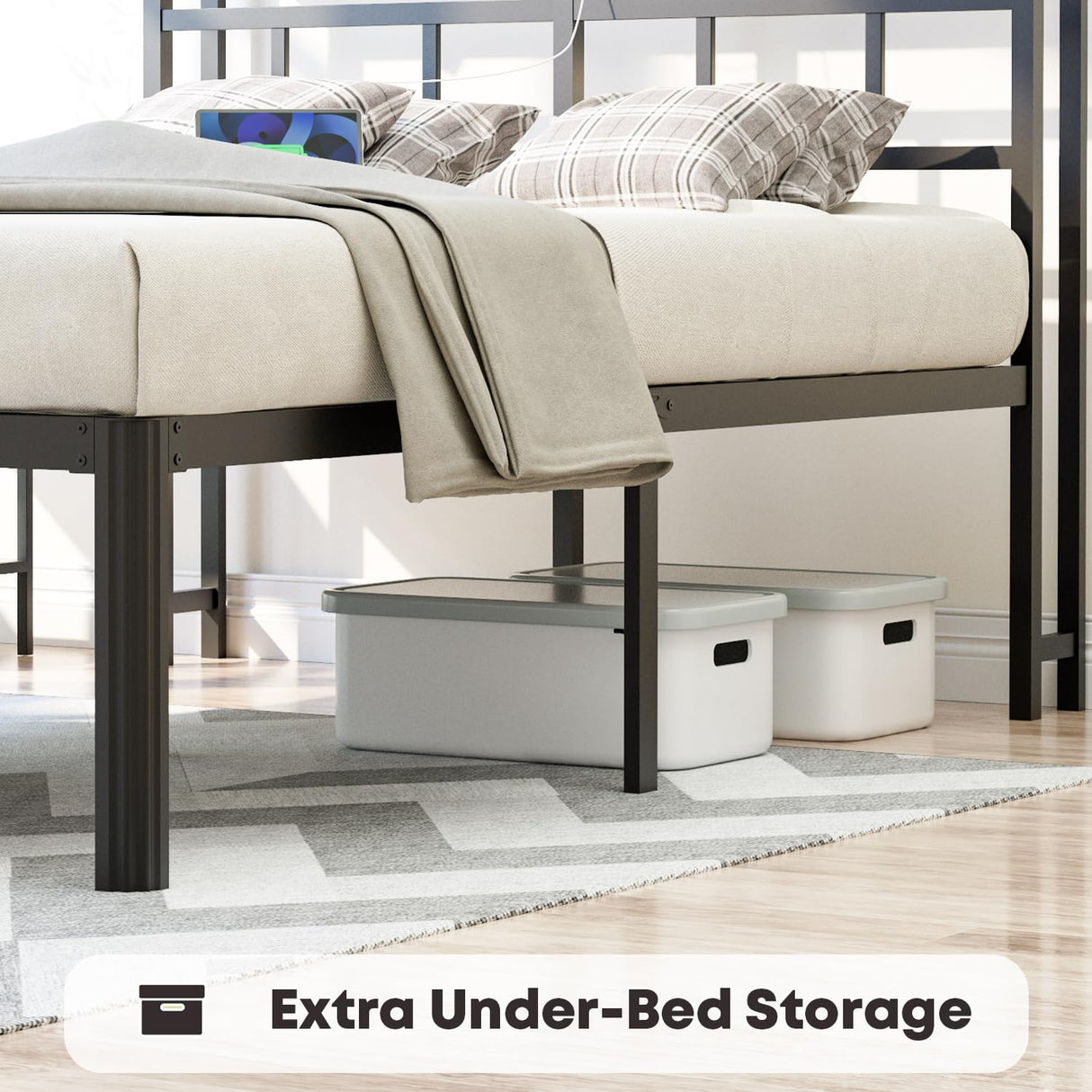 YORMDMO Twin Bed Frame - Storage Headboard with Charging Station, Easy Assembly, Heavy Duty Metal Bed Frame, No Box Spring Needed, 18 Inch, Black YORMDMO