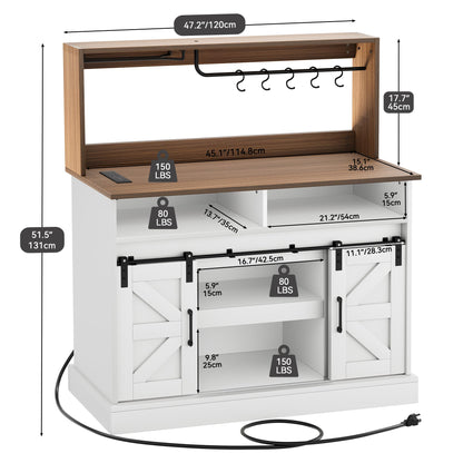 YITAHOME Farmhouse Buffet Cabinets with Storage, 47" Coffee Bar with Goblet Holder & Power Outlet, Sideboard Cabinets with Sliding Barn Doors for Kitchen, Living Room (White + Walnut)