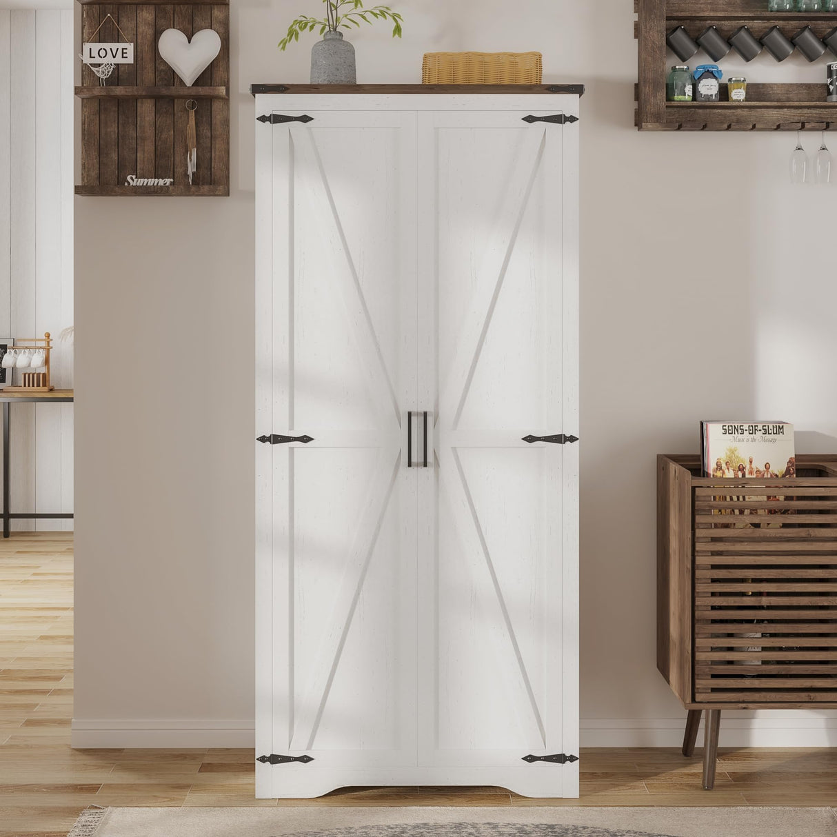 Befrases 72" H White Tall Farmhouse Storage Cabinet with Adjustable Shelves, Large Pantry Organize with 2 Barn Doors, Freestanding Cabinet for Kitchen, Garage, Basement, Living, Utility Room Befrases