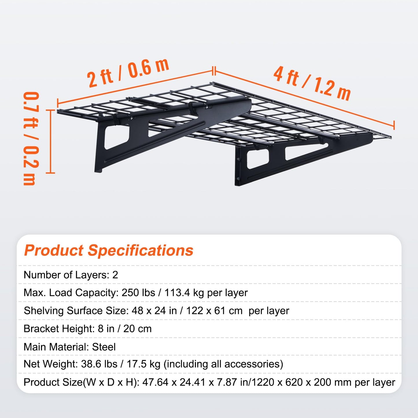 VEVOR 2 x 4 ft Garage Shelving Wall Mounted, 2 Pack Heavy Duty Garage Wall Shelves 500lbs Capacity, Garage Storage Rack Floating Shelves for Shop, Shed, Garage Storage