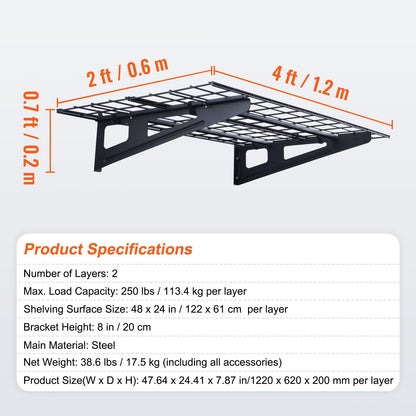 VEVOR 2 x 4 ft Garage Shelving Wall Mounted, 2 Pack Heavy Duty Garage Wall Shelves 500lbs Capacity, Garage Storage Rack Floating Shelves for Shop, Shed, Garage Storage