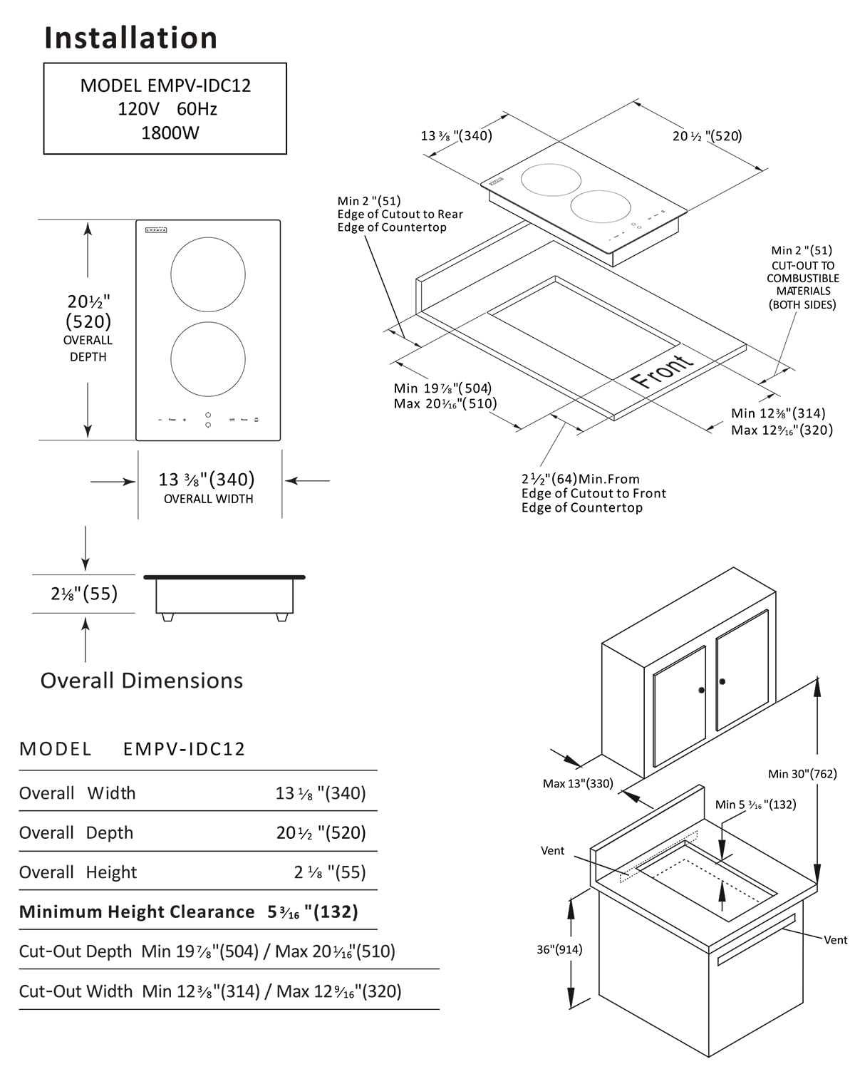 Empava Electric Stove Induction Cooktop Vertical with 2 Burners Vitro Ceramic Smooth Surface Glass in Black 120V, 12 Inch Empava