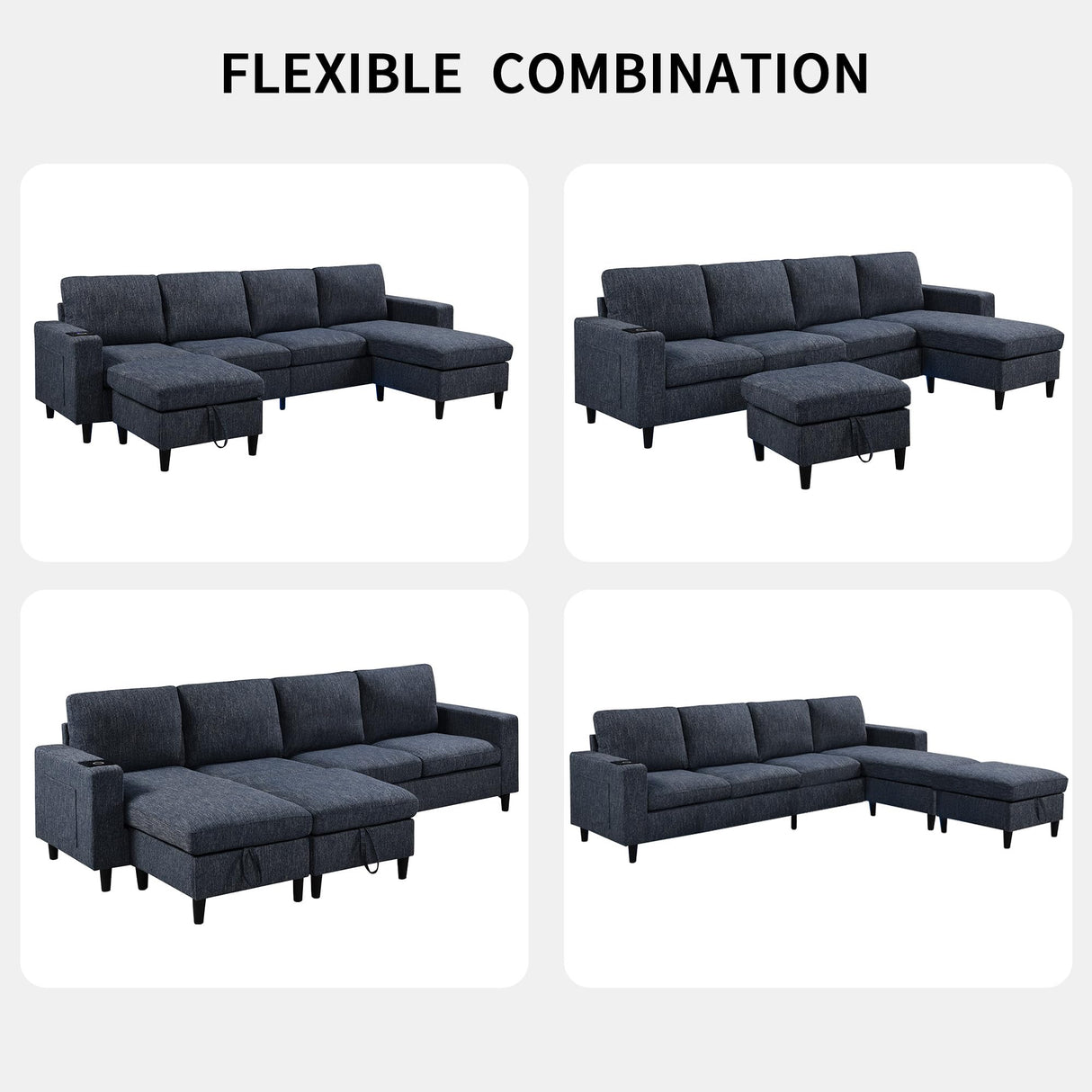 Sectional Couches for Living Room, 6 Seat Sectional Sofa Couch with Smart Module-Wireless Charging/USB/Type-C/RGB Light, U Shaped Thick Linen Modular Couch with Chaise Lounge/Storage Ottoman (Blue) NicoHali