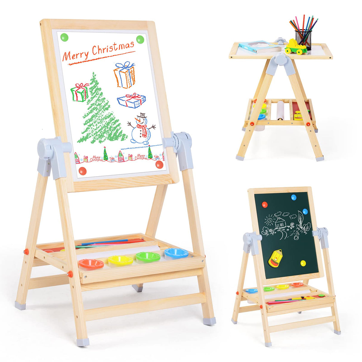 XCSOURCE Art Easel for Kids, 360°Rotating Adjustable Toddler Easel, Double Sided Wooden Kids Easel Drawing Board with Magnetic Chalkboard, Dry Erase White Board & Paper Roll Paint Art Set for Kids 2+ XCSOURCE