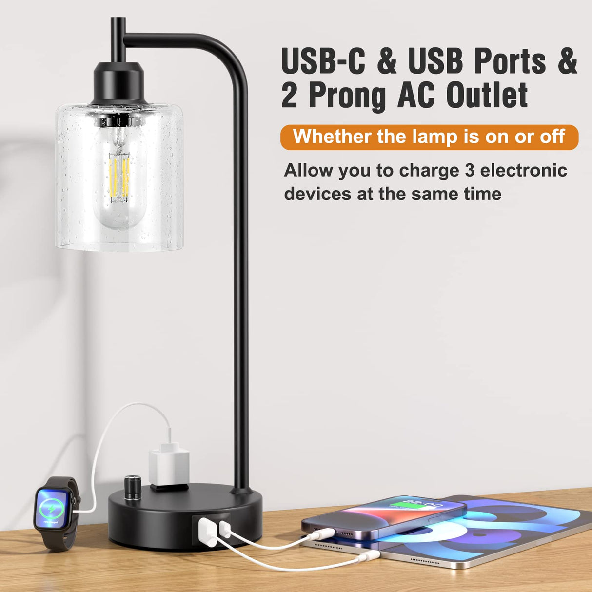 Industrial Table Lamps for Bedrooms Set of 2 - Fully Dimmable Bedside Lamps with USB A and C Ports and Outlet, Black Nightstand Lamps with Glass Shade for Living Room, Desk Lamps for Office Reading Innqoo