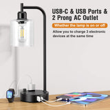 Industrial Table Lamps for Bedrooms Set of 2 - Fully Dimmable Bedside Lamps with USB A and C Ports and Outlet, Black Nightstand Lamps with Glass Shade for Living Room, Desk Lamps for Office Reading Innqoo