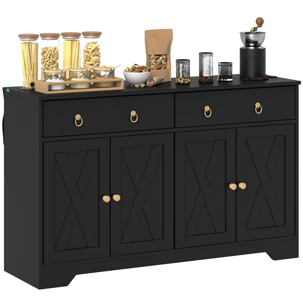 HOMCOM Sideboard Buffet Cabinet with Storage, 48" Kitchen Storage Cabinet with 2 Drawers and 4 Barn Doors, Farmhouse Coffee Bar Cabinet with Adjustable Shelves, Black HOMCOM