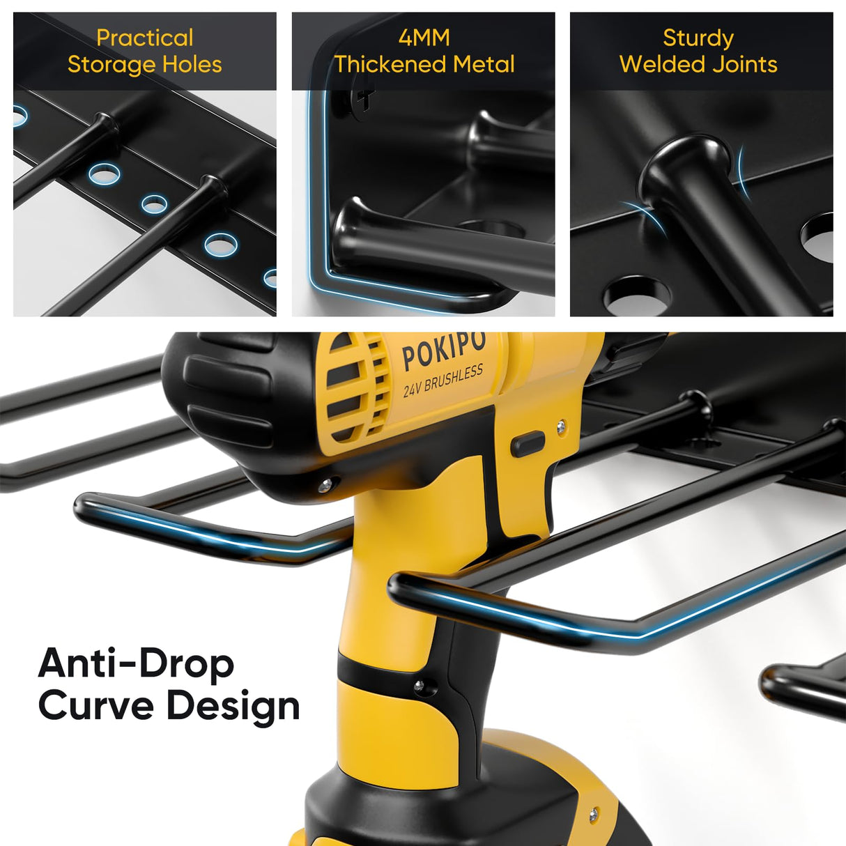 POKIPO Power Tool Organizer, Drill Holder Wall Mount, Heavy Duty Garage Tool Organizer and Storage, Suitable Tool Rack for Tool Room, Workshop, Garage (Black-1 Tirer) POKIPO