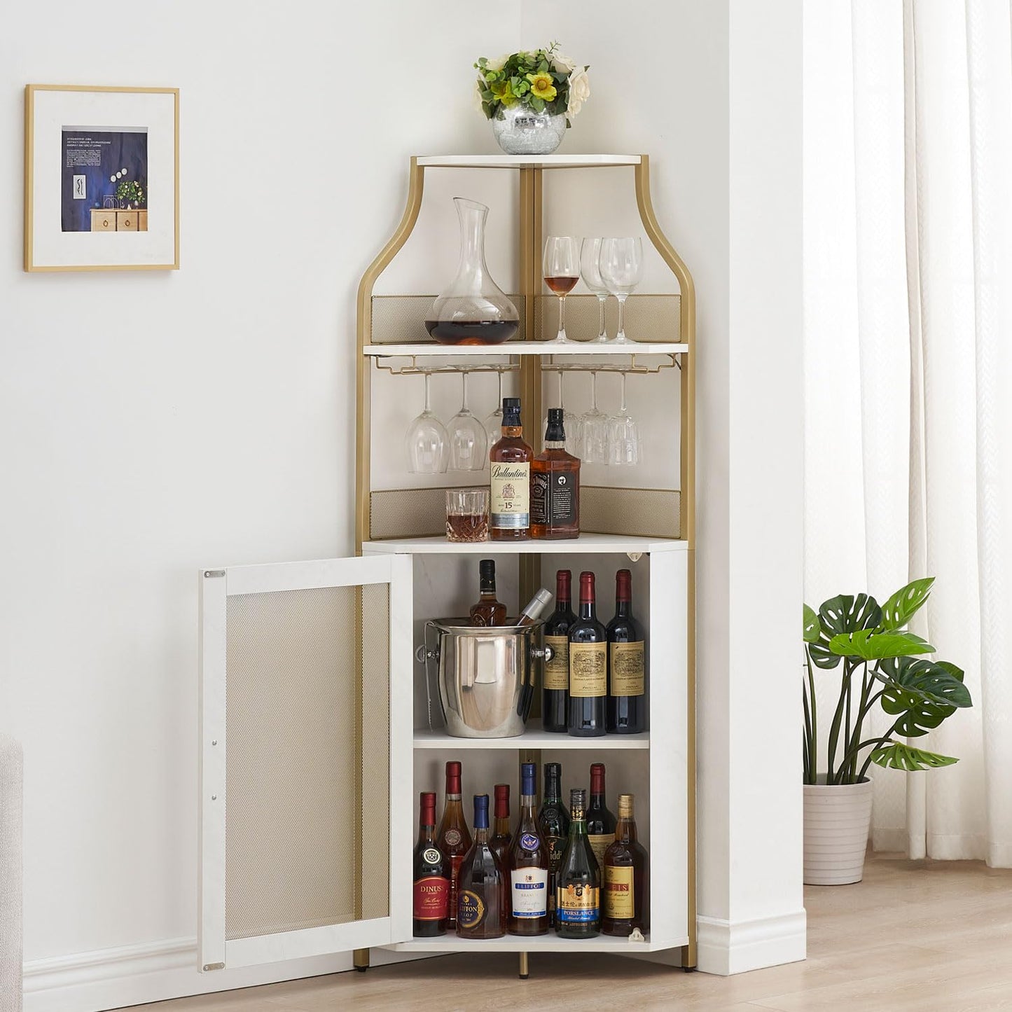 GAOMON Corner Wine Bar Cabinet with Large Storage Space and Removable Wine Rack, Coffee Bar Cabinet with Glass Holder and Mesh Door, 4-Tier Liquor Cabinet Bar, Gold