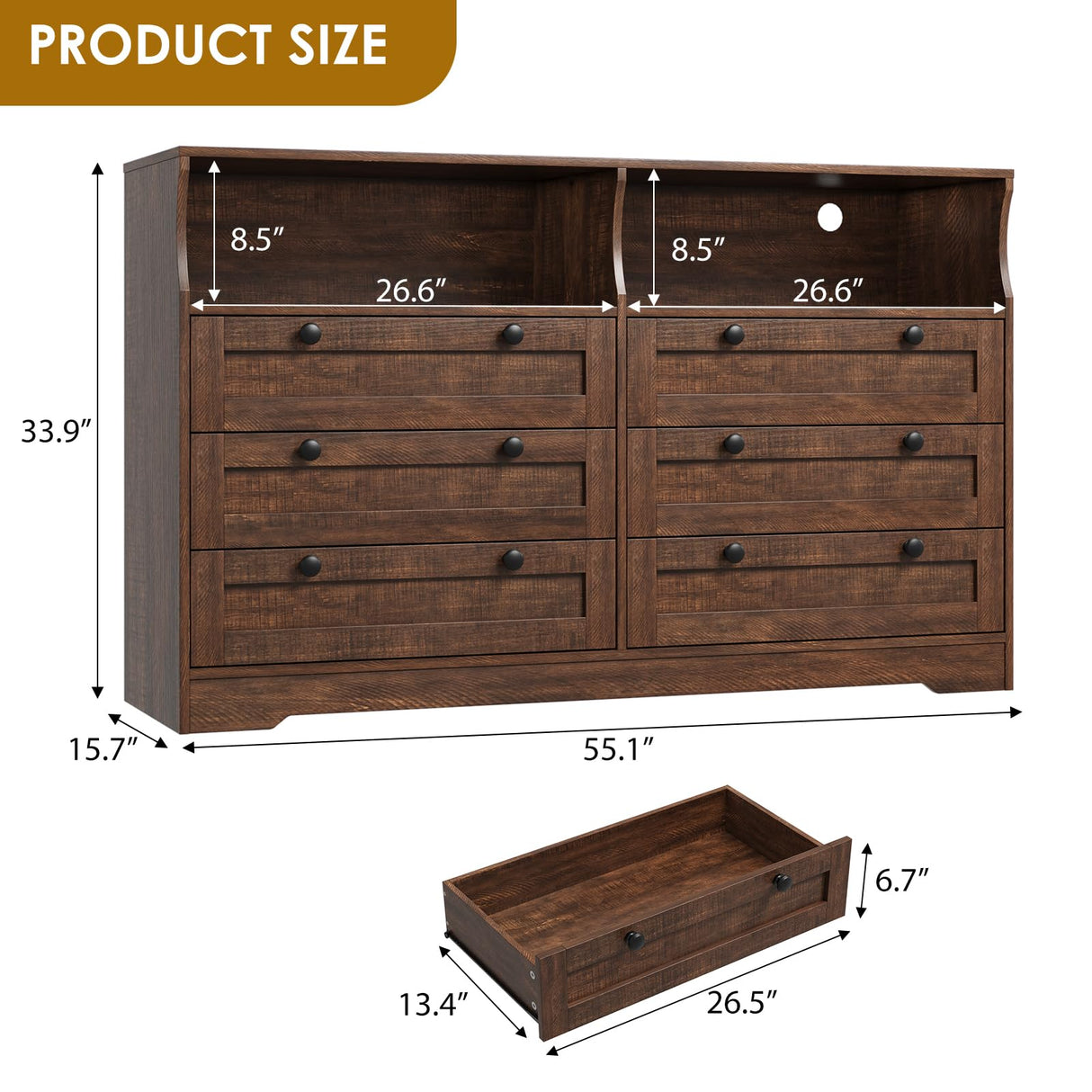 Dresser for Bedroom with 6 Drawers, Large Wooden Bedroom Dressers with Power Outlet and Led Lights, 55 Inch Wide TV Dresser, Wood Modern 6 Drawers Dressers & Chests of Drawers for Room (Rustic Brown) Patikuin