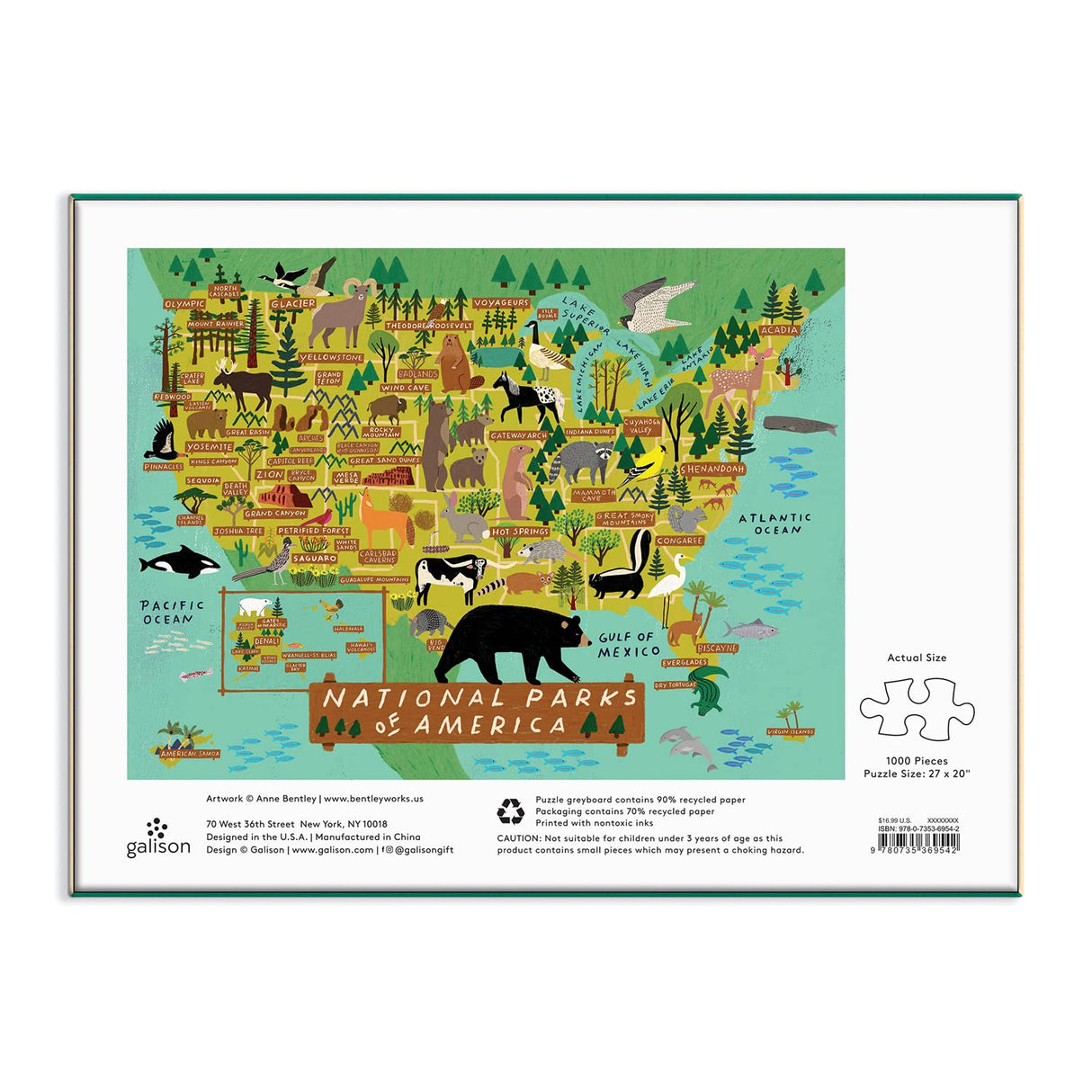 Galison National Parks of America Puzzle, 1000 Pieces, 27” x 20” – Difficult Jigsaw Puzzle Featuring Stunning and Colorful Artwork by Anne Bentley – Thick, Sturdy Pieces, Challenging Family Activity Galison