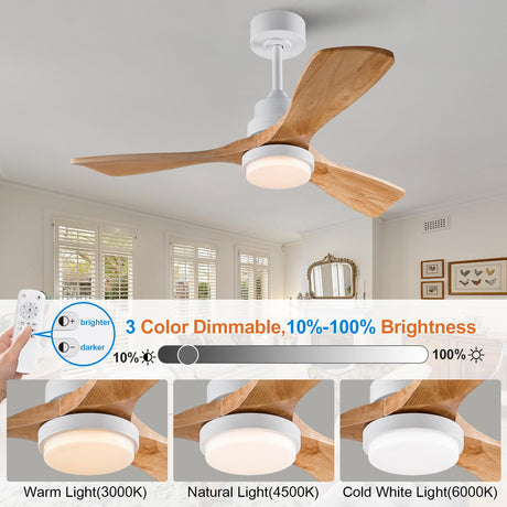 BOJUE 42 Inch White Ceiling Fans with Lights and Remote,Dimmable LED Light,Quite Reversible DC Motor,Memory Function,Modern Solid Wood Indoor Outdoor Ceiling Fan with Light for Farmhouse Bedroom Patio BOJUE