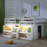 Giantex White Low Loft Bed with LED Lights, Bookcase, Storage, and Staircase for Kids Giantex