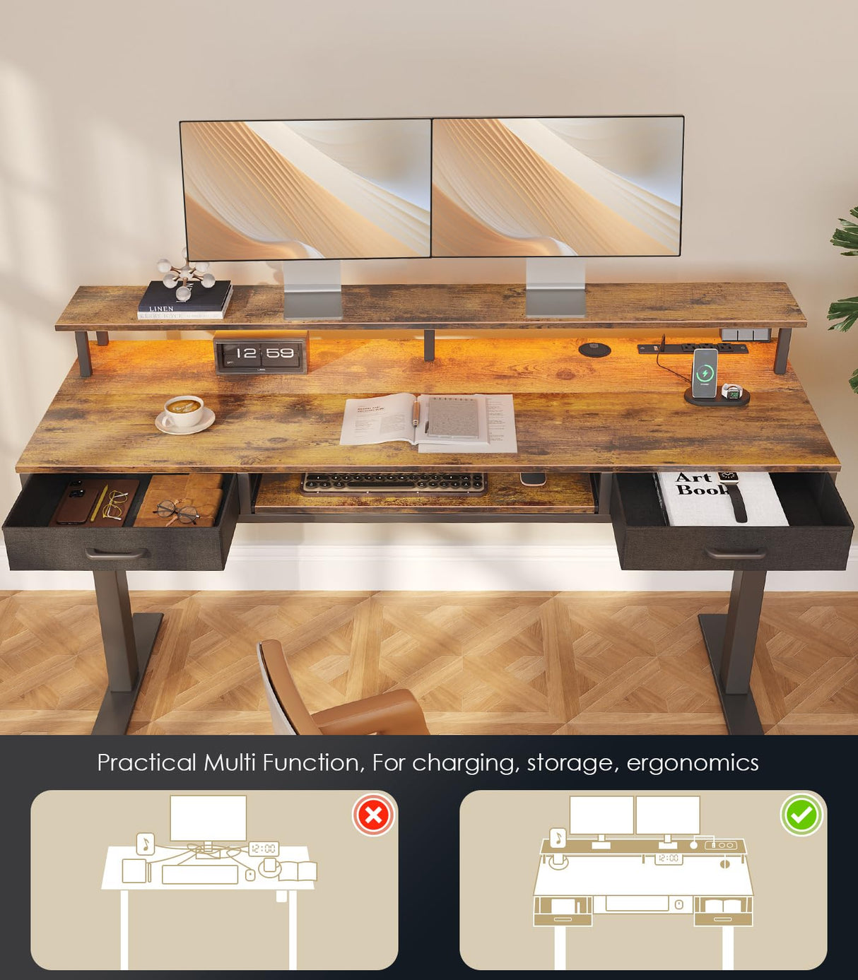OffiGo Electric Standing Desk with Drawers & Keyboard Tray, 63 Inch Height Adjustable Desk with Power Outlets & LED Lights, Sit Stand Table with Monitor Stand for Home, Office, Rustic Brown OffiGo