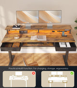 OffiGo Electric Standing Desk with Drawers & Keyboard Tray, 63 Inch Height Adjustable Desk with Power Outlets & LED Lights, Sit Stand Table with Monitor Stand for Home, Office, Rustic Brown OffiGo