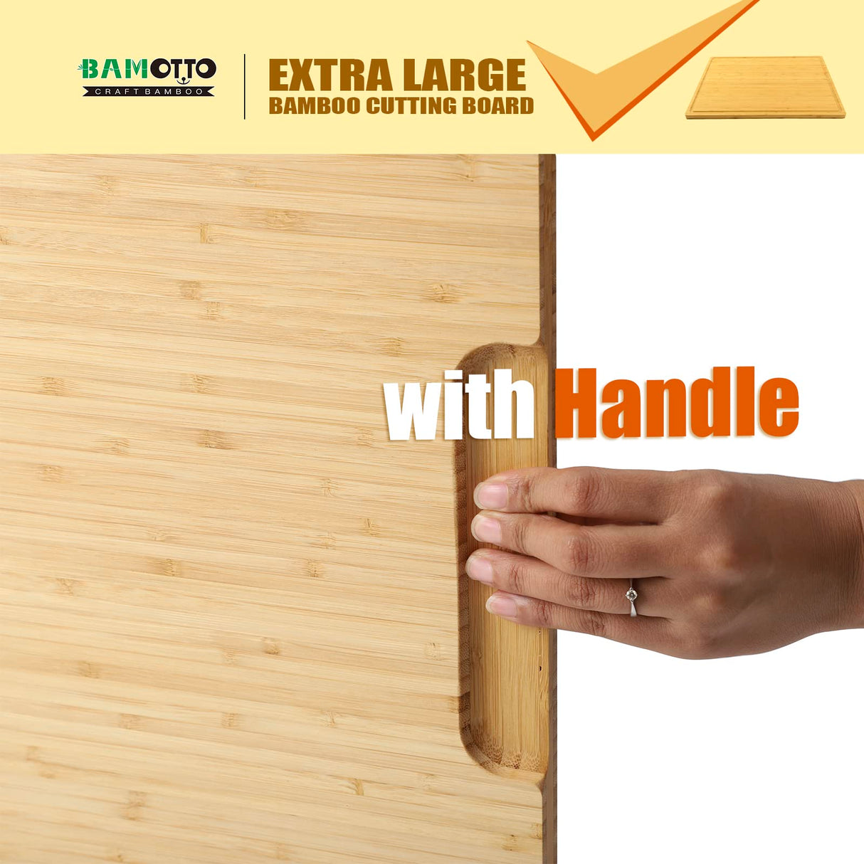 Extra Large 100% Organic Bamboo Cutting Board, 24x18 Inch Butcher Block Chopping/Carving Board with Handle and Juice Groove for Turkey, Meat, Vegetables, BBQ (XXL, 24" x 18"） BAMOTTO CRAFTBAMBOO