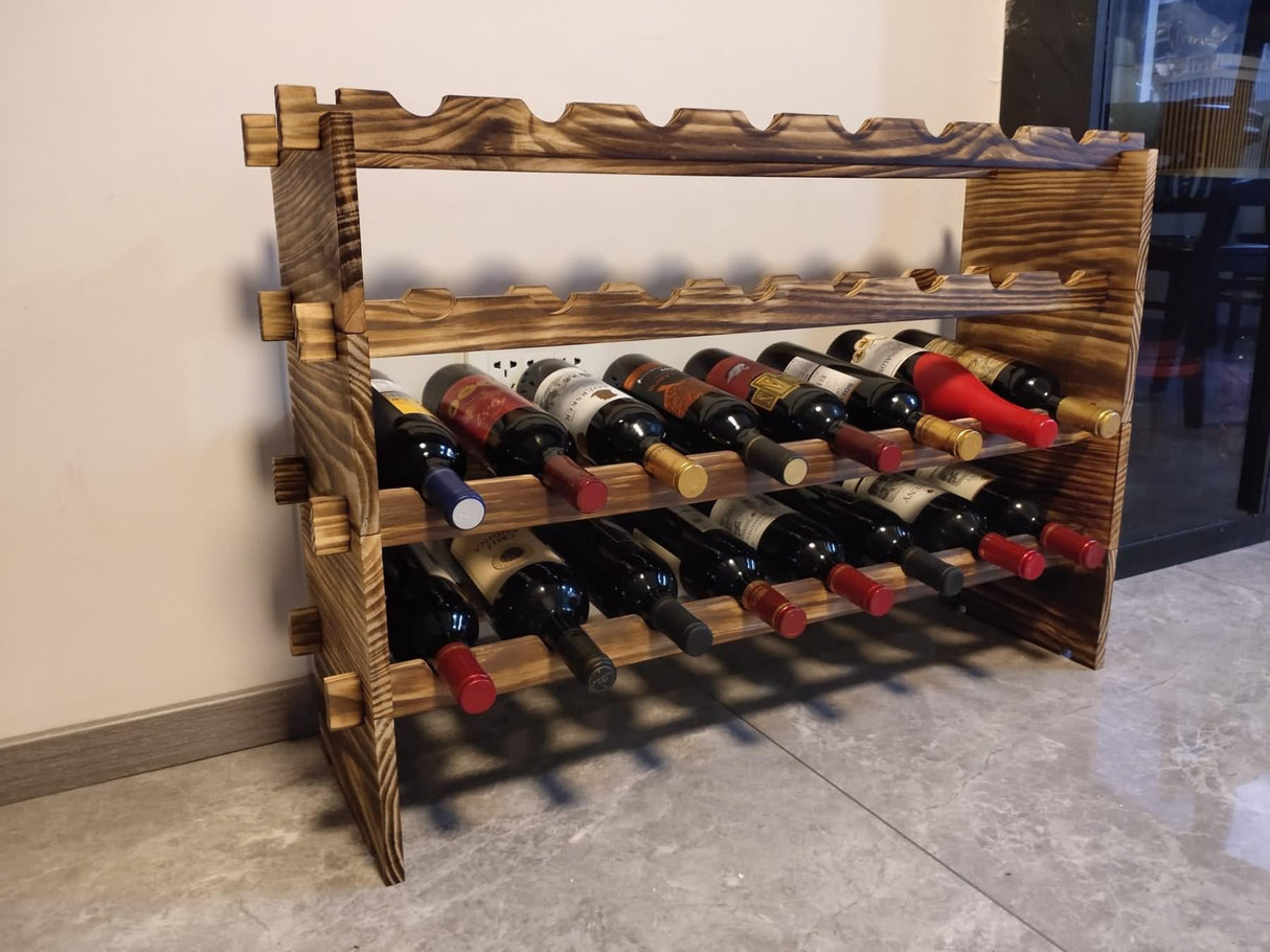 LoongZDD Carbonized Pine Wood Wine Rack - 4-Tier Stackable Wine Storage, Holds 32 Bottles, Modular Wine Organizer for Home Bar, Kitchen, Living Room LoongZDD