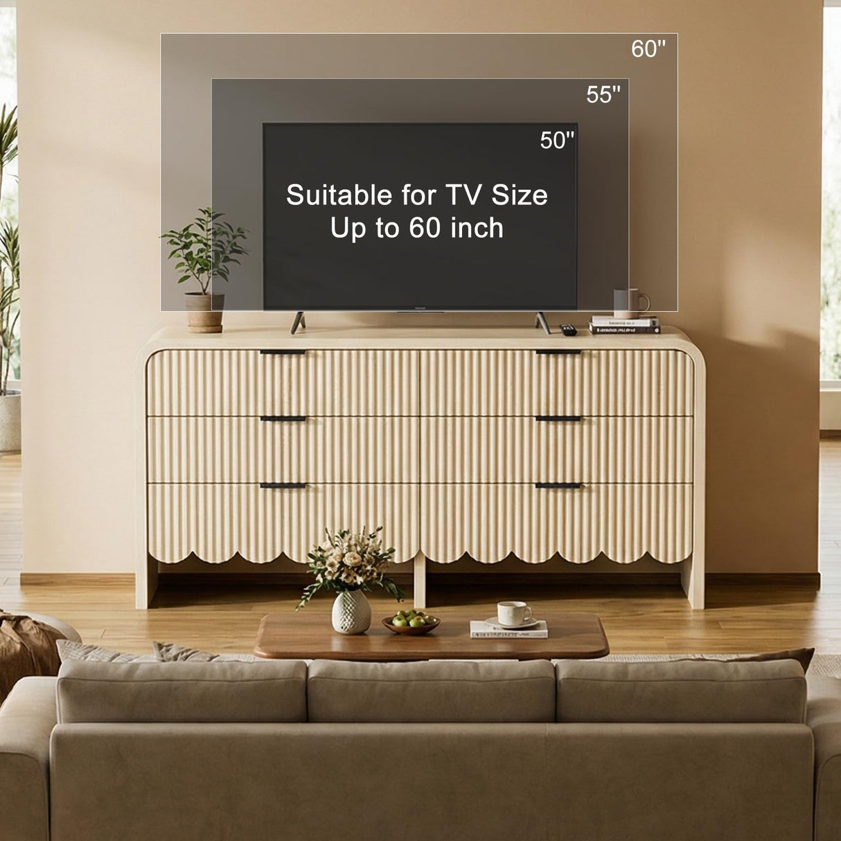 CLLASOU 6 Drawer Dresser for Bedroom, Wood Storage Dresser with Drawers and Metal Handle, Fluted Dressers TV Stand, Modern Closet Chest of Drawers for Bedroom (Beige) CLLASOU