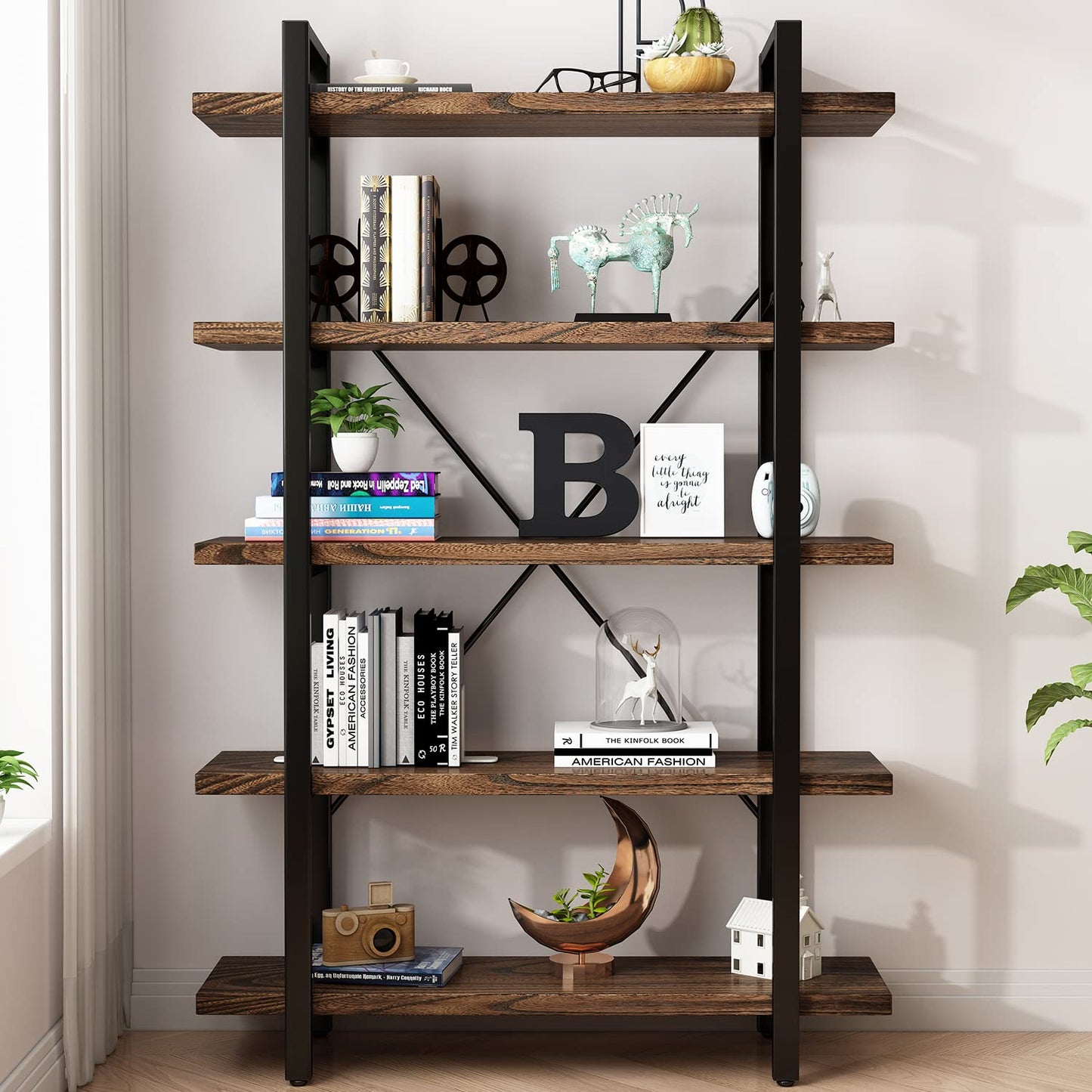 5-Tier Rustic Industrial Solid Wood Bookcase with Metal Frame - WoodArtSupply