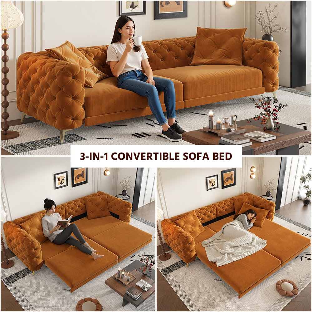 Tabaray 97.7'' Pull Out Sofa Bed King, Chesterfield Velvet Sleeper Sofa, Convertible L-Shaped Futon Couch, Tufted Back, Ottoman, Deep Seat Loveseat Couches for Living Room, Apartment, Orange Tabaray