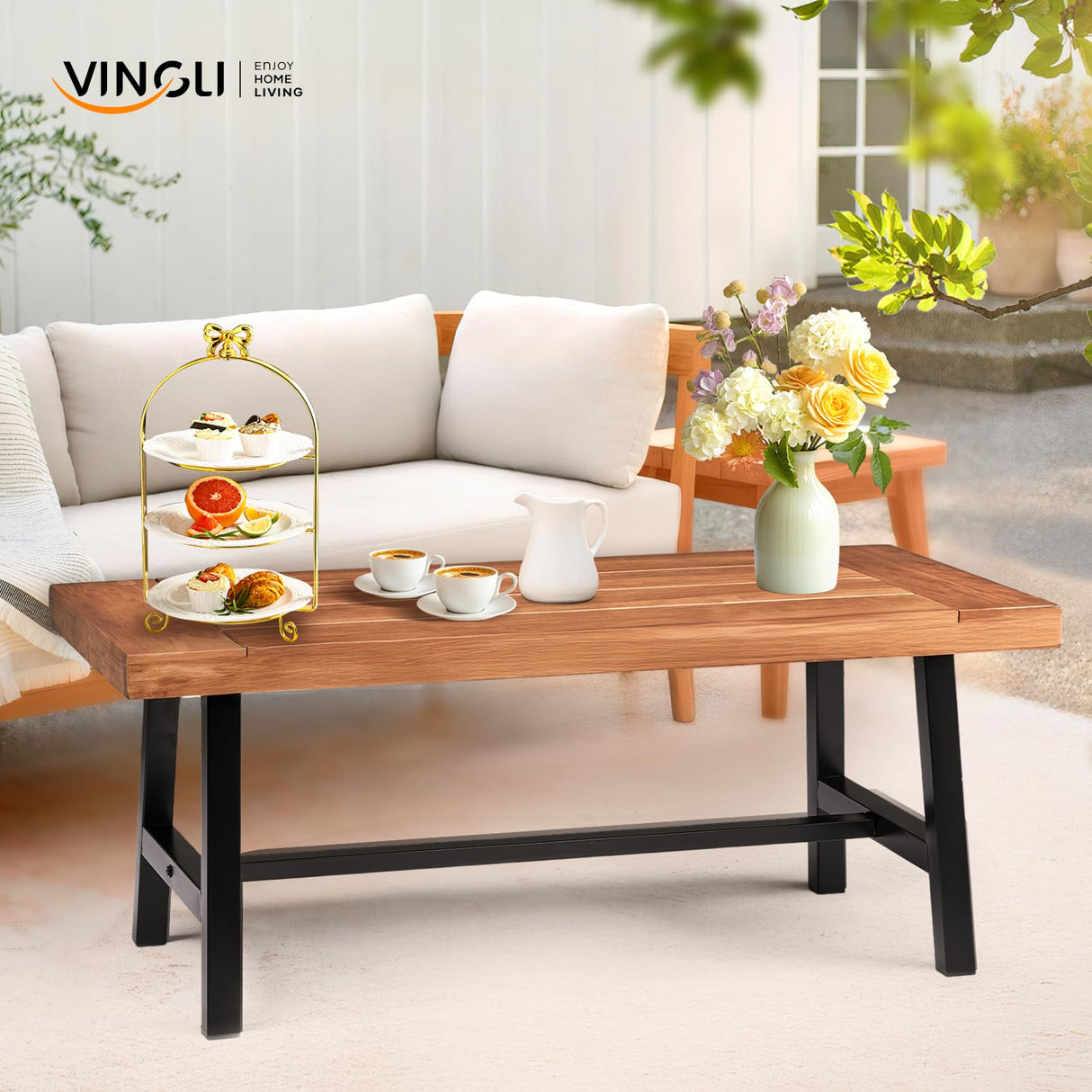 VINGLI Outdoor Wooden Coffee Table with Metal Frame - Heavy Duty 350lbs All-Weather Patio Table, Waterproof Solid Wood Top & Rust-Proof Steel Base for Balcony, Porch, Deck, Garden, Rectangle VINGLI