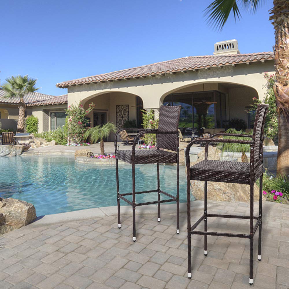 VINGLI Outdoor Wicker Bar Stools Set of 2 with Cushions, Outdoor Bar Chairs Bar Height Tall Patio Chairs, Outdoor Barstools for Garden Pool Lawn Backyard VINGLI