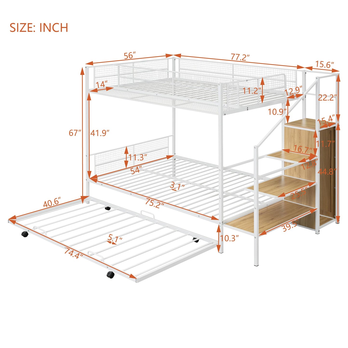 Harper & Bright Designs Twin Over Full Bunk Bed with Trundle, Stairs and Wardrobe, Metal Bunk Bed with Wire Shelving and Lateral Storage Ladder for Bedroom, Dorm (White)