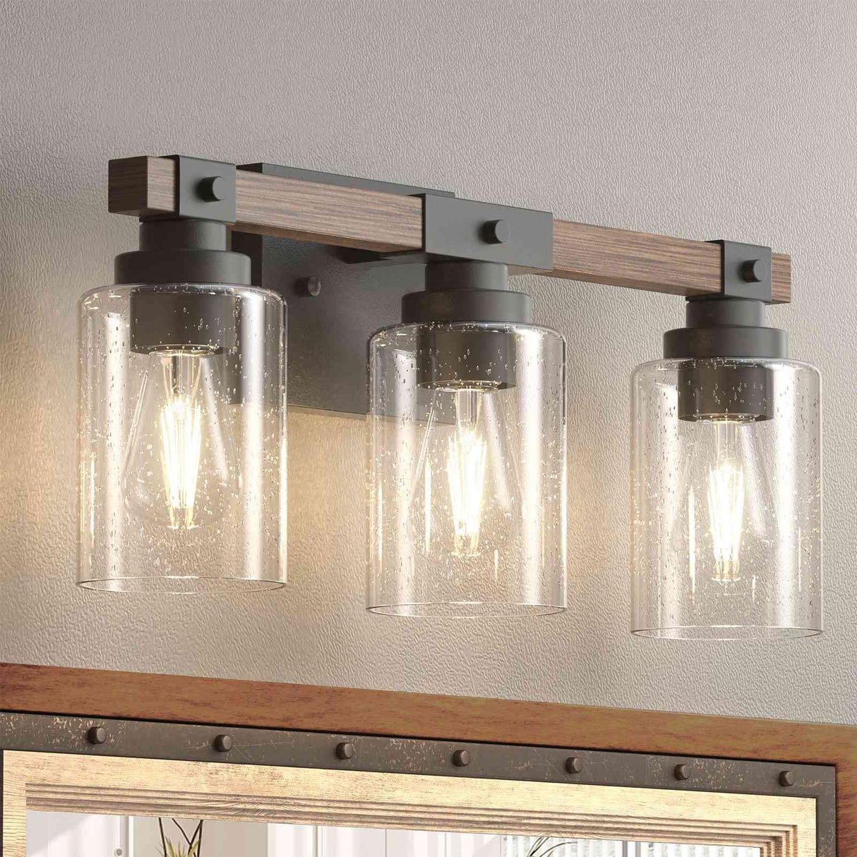 Amico 3-Light Farmhouse Vanity Light Fixture, Rustic Wood Bathroom Light Fixtures, Industrial Vintage Black Wall Sconces Light with Bubble Glass Shade for Mirror, Bedroom, Living Room, Hallway Amico