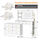 Pamapic 67" Vanity Desk with Mirror and LED Lights, Golden Handles 15 Storage Spaces White Vanity D, 8 Drawers Makeup Desk with Upgraded Silent Slides, Adjustable Width Dresser with Mirror Gift Pamapic