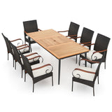 Tangkula 9-Piece Patio Dining Set, 79" Outdoor Dining Table & 8 Rattan-Woven Dining Chairs with Acacia Wood Tabletop, 1.9" Umbrella Hole, Scrollwork Arms, Seat Cushions, for Garden, Porch, Deck Tangkula