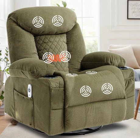 KCREAM Rocker Recliner Chair with Heat & Massage, 360° Swivel Rocker Recliner for Living Room, Ergonomic Recliner with Remote, Cup Holders, Side Pockets & 350lb Capacity Soft Fabric Lounge Chair,Green KCREAM