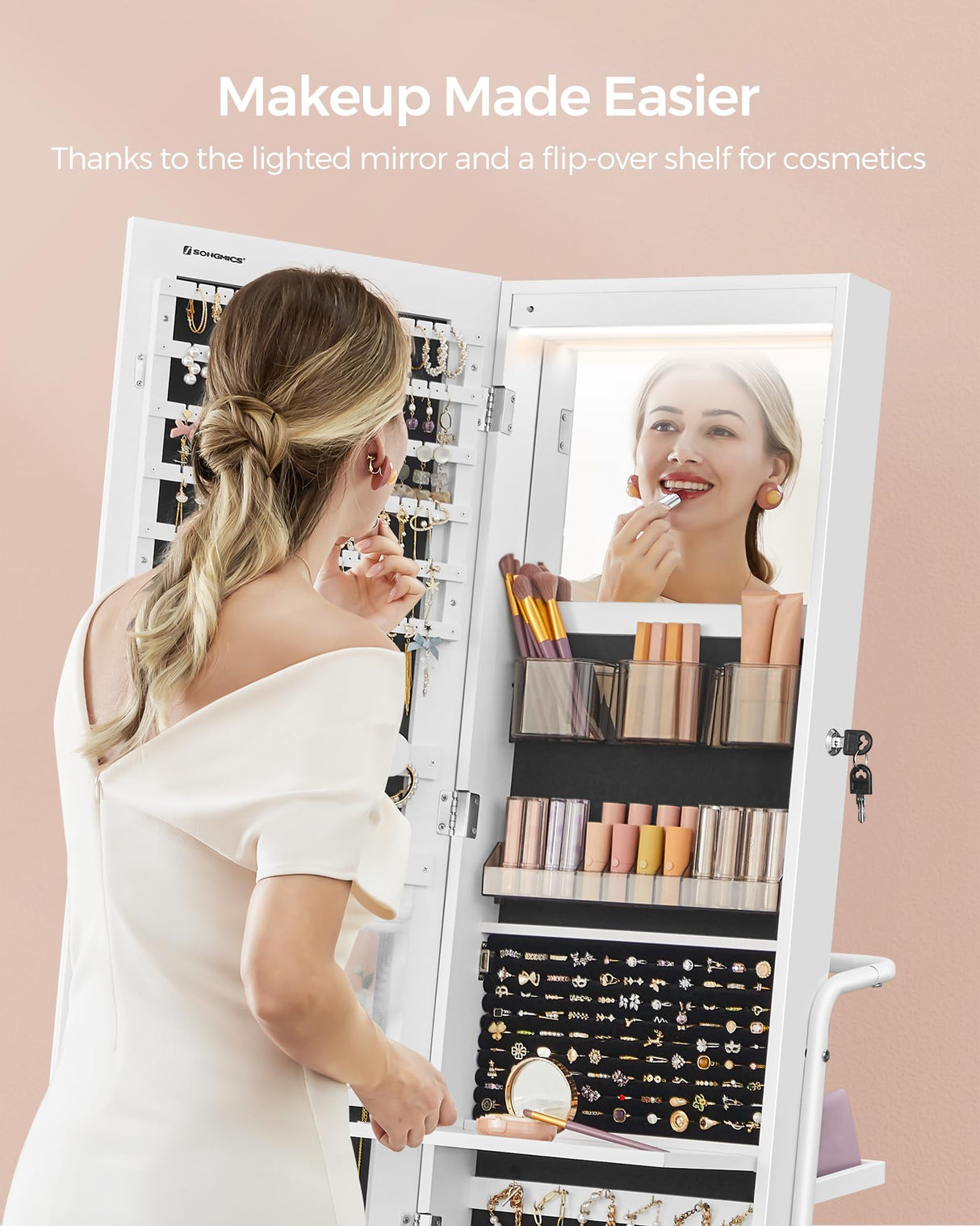 SONGMICS 360° Swivel Mirrored Jewelry Cabinet with Lights, Full-Length Mirror with Jewelry Storage, Standing Jewelry Armoire Organizer, with Large Storage Basket, Makeup Shelf, Cloud White UJJC018W01 SONGMICS